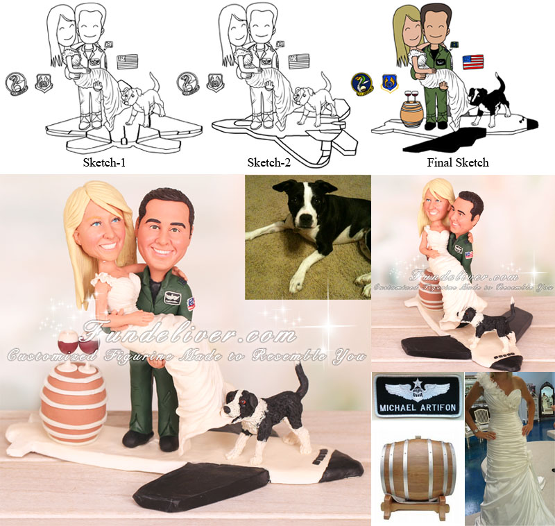 Groom Carrying Bride with Dog Tugging on the Train of Dress Cake Toppers
